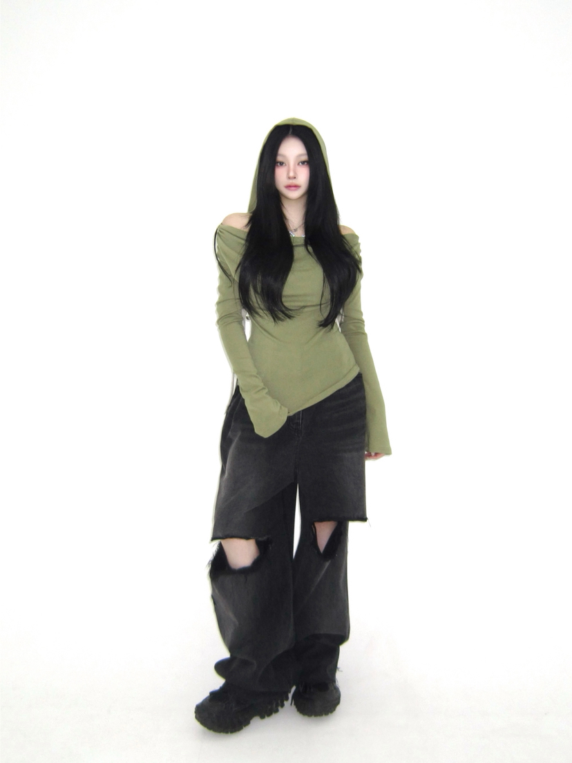 I I韓國直郵㊣東大門實拍女裝新款人氣長袖T恤不含腰帶兜帽ITSSONG長袖T恤圖色2