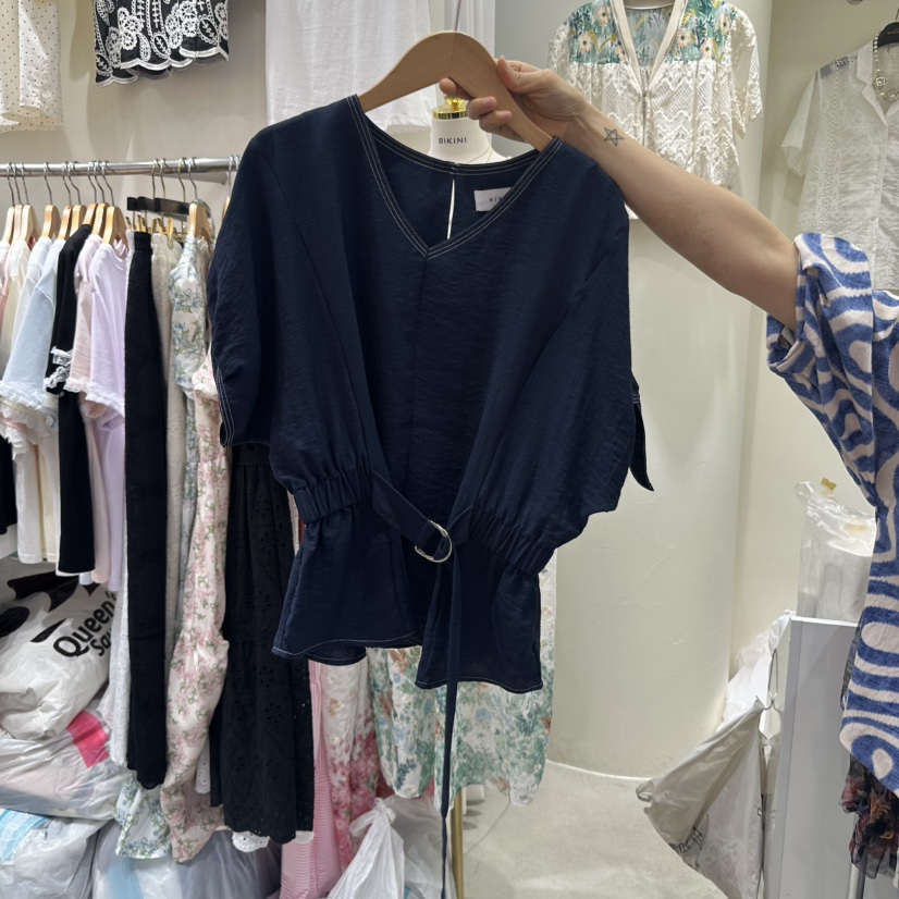 BIKINI直郵韓國代購㊣女裝新品熱賣推薦襯衫蕾絲衫腰帶亞麻BIKINI襯衫/蕾絲衫圖色3