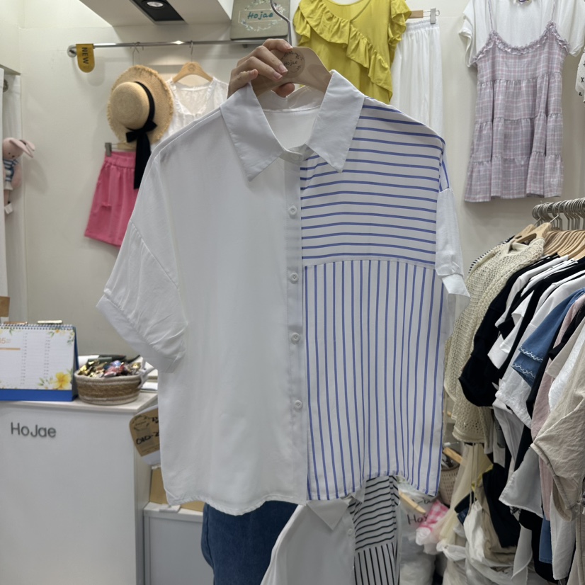 HOJAE韓國直郵㊣東大門實拍女裝新品人氣休閑襯衫蕾絲衫條紋MID-LEVEL JUMP襯衫/蕾絲衫