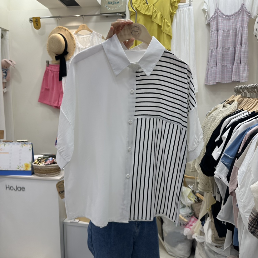 HOJAE韓國直郵㊣東大門實拍女裝新品人氣休閑襯衫蕾絲衫條紋MID-LEVEL JUMP襯衫/蕾絲衫圖色2