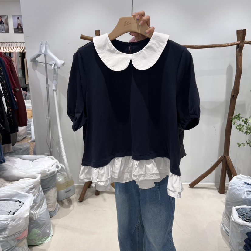 BLOOM直郵韓國代購㊣女裝新款時尚25春夏休閑人氣推薦T恤褶皺BLOOMT恤圖色2