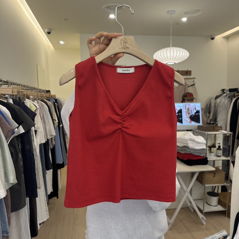 LOGON直郵韓國代購㊣女裝新款熱賣時尚25春夏休閑吊帶背心褶皺LOGON吊帶/背心