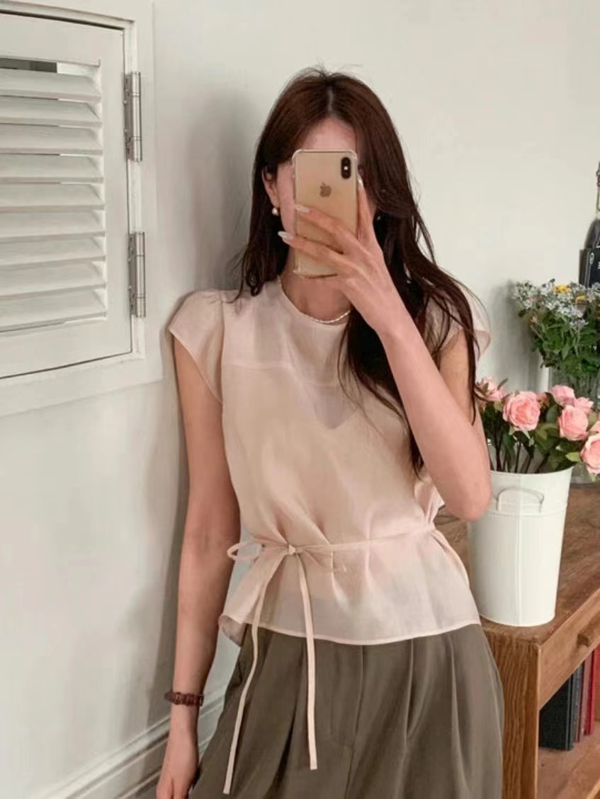 HERME直郵韓國代購㊣女裝新款休閑人氣熱賣襯衫蕾絲衫含腰繩HERME襯衫/蕾絲衫
