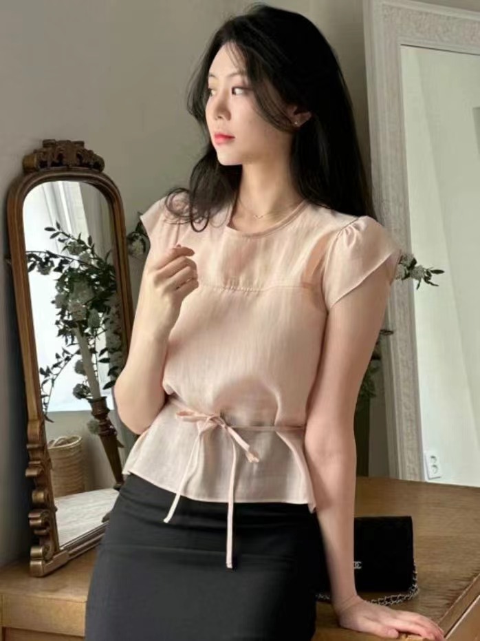 HERME直郵韓國代購㊣女裝新款休閑人氣熱賣襯衫蕾絲衫含腰繩HERME襯衫/蕾絲衫