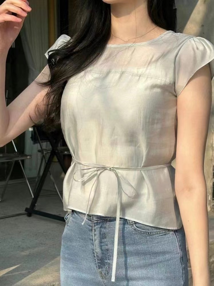 HERME直郵韓國代購㊣女裝新款休閑人氣熱賣襯衫蕾絲衫含腰繩HERME襯衫/蕾絲衫圖色2