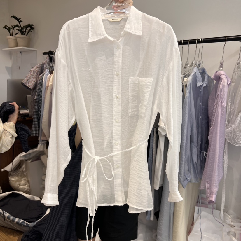 RIVEROOM直郵韓國代購㊣女裝新品休閑熱賣襯衫蕾絲衫含腰繩RIVEROOM襯衫/蕾絲衫圖色2