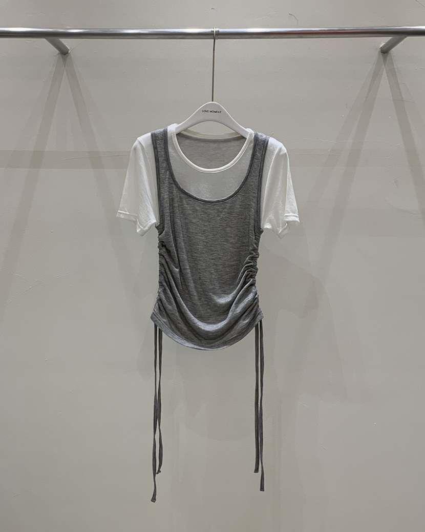 LOVE MOMENT韓國代購女士新品熱賣職業休閑25春夏T恤天絲褶皺LOVE MOMENTT恤