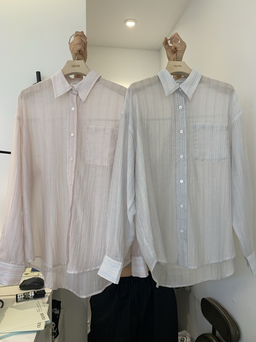 OUVIR韓國㊣直郵東大門代購女裝新品25春夏襯衫蕾絲衫透明條紋O.V.R/OUVIR襯衫/蕾絲衫
