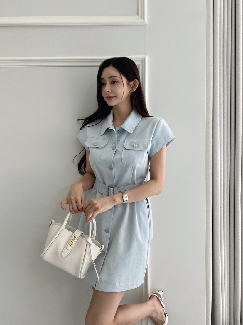 CLOTH韓國㊣直郵東大門代購女裝新品休閑人氣時尚連衣裙含腰帶CLOTH連衣裙