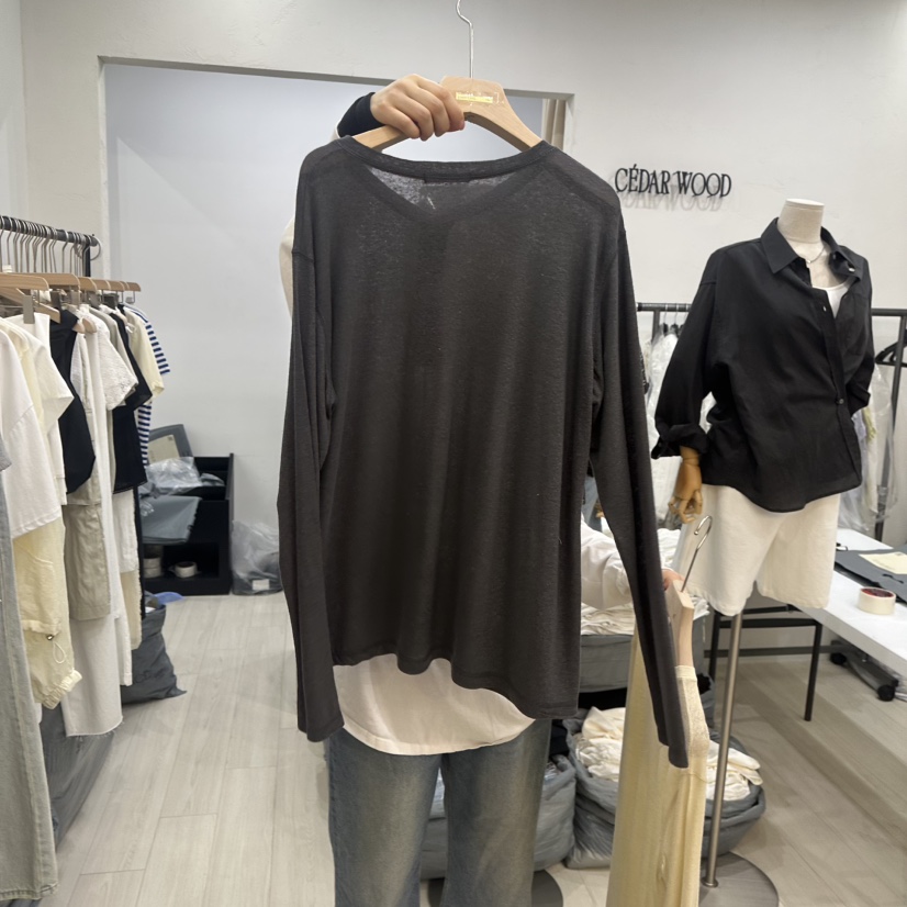CEDARWOOD直郵韓國代購㊣女裝新品時尚推薦休閑長袖T恤亞麻CEDARWOOD長袖T恤
