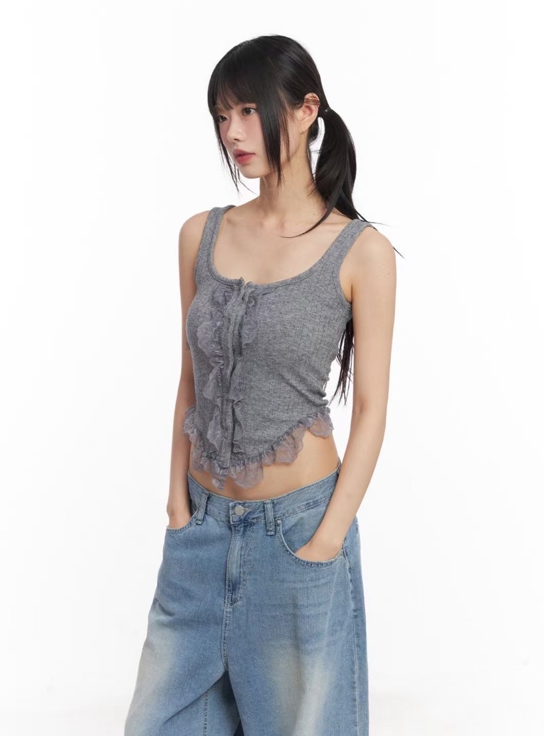 THEHANDS韓國直郵女裝新款時尚職業休閑人氣吊帶背心蕾絲紐扣THEHANDS吊帶/背心圖色3