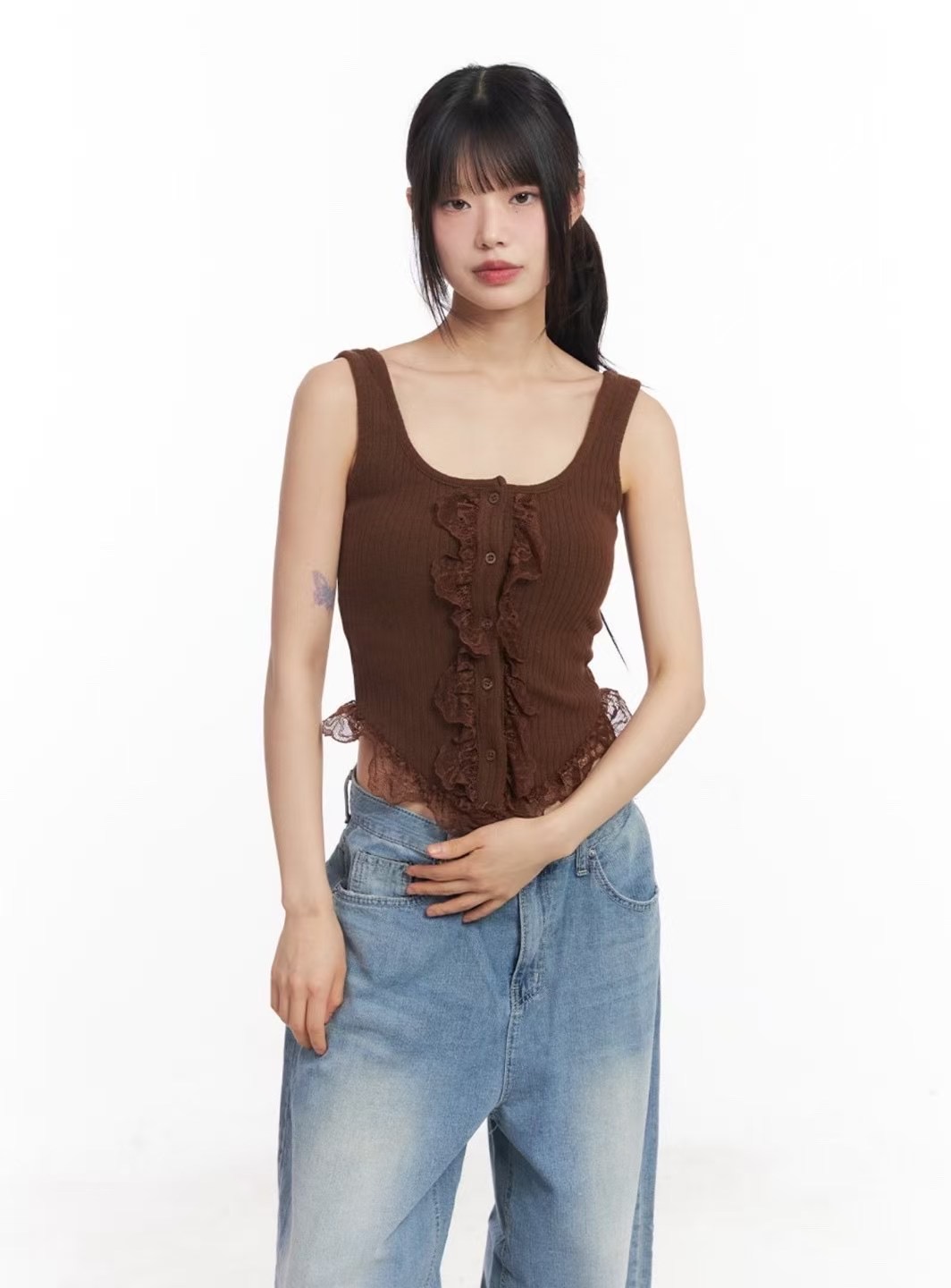 THEHANDS韓國直郵女裝新款時尚職業休閑人氣吊帶背心蕾絲紐扣THEHANDS吊帶/背心圖色4