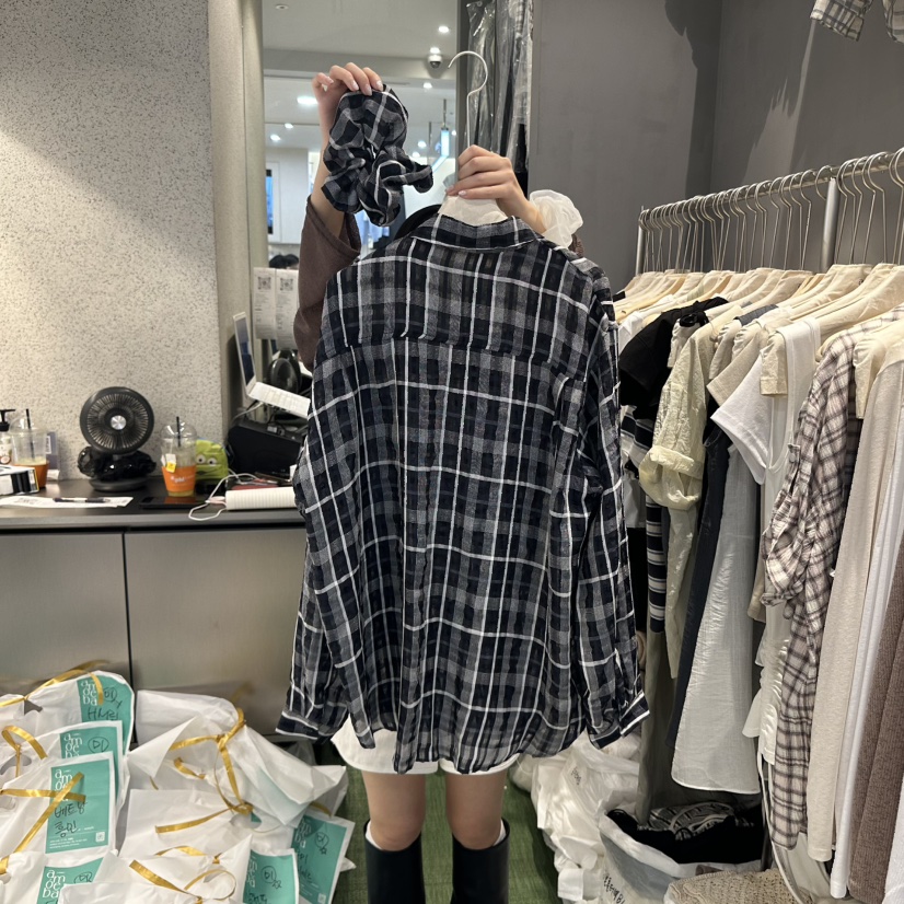 AMOEBA直郵韓國代購㊣女裝新品休閑熱賣襯衫蕾絲衫含頭飾格紋AMOEBA襯衫/蕾絲衫
