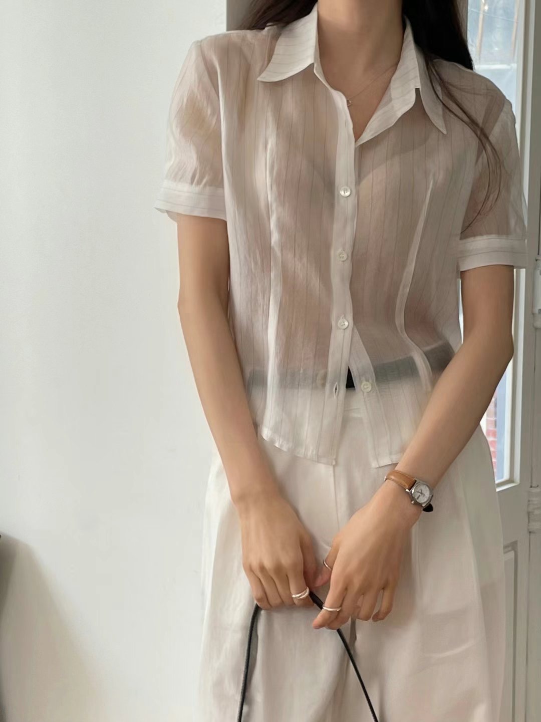 SOMETHINGELSE直郵韓國代購㊣女裝新品休閑熱賣襯衫蕾絲衫條紋SOMETHINGELSE襯衫/蕾絲衫