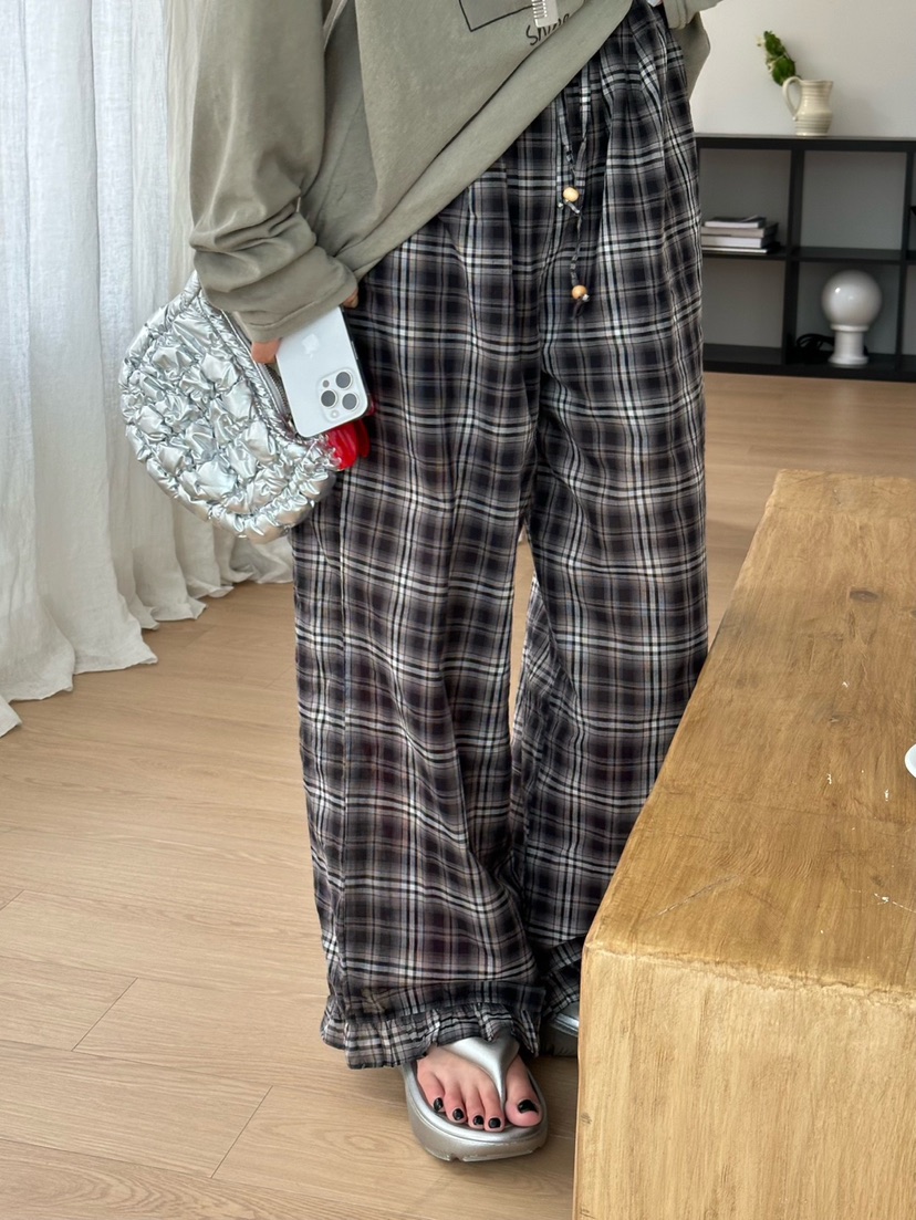 ZEROZERO韓國㊣直郵東大門代購女裝新品推薦休閑褲荷葉邊格紋ZEROZERO休閑褲