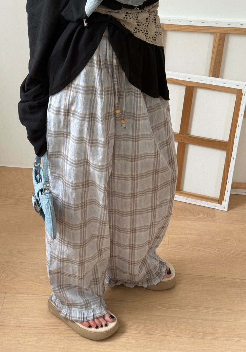 ZEROZERO韓國㊣直郵東大門代購女裝新品推薦休閑褲荷葉邊格紋ZEROZERO休閑褲圖色3