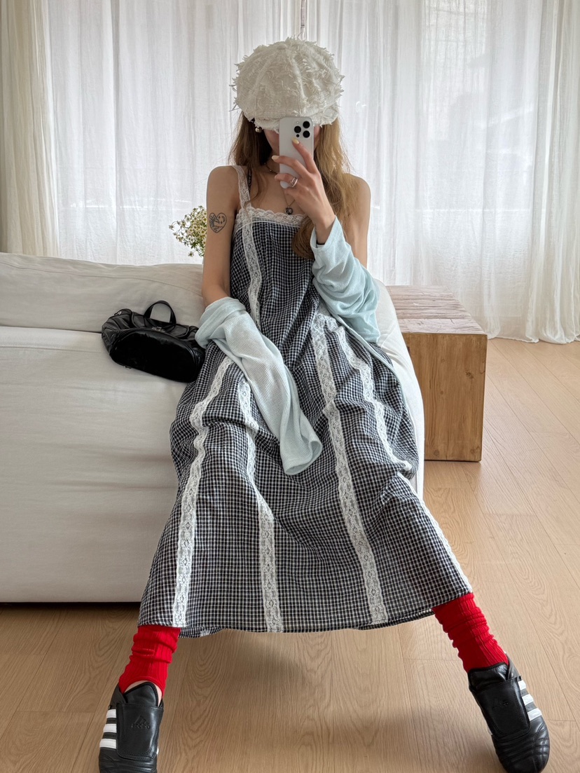 ZEROZERO韓國㊣直郵東大門代購女裝新品休閑連衣裙格紋長款ZEROZERO連衣裙