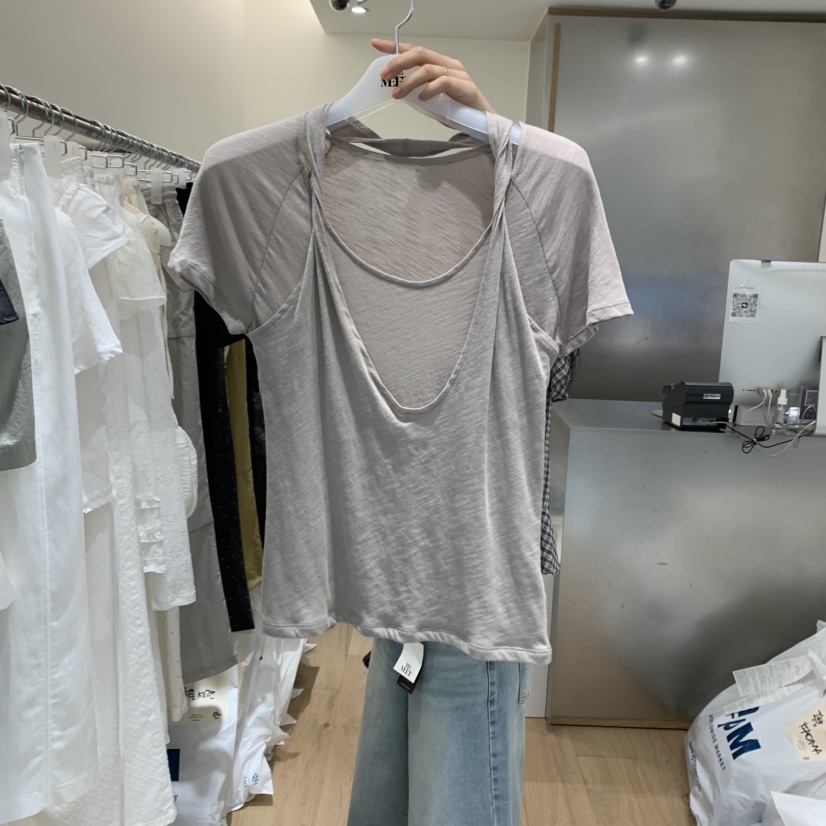 MEET ME韓國㊣直郵東大門代購女裝新款熱賣時尚25春夏T恤假兩件MEET MET恤圖色2