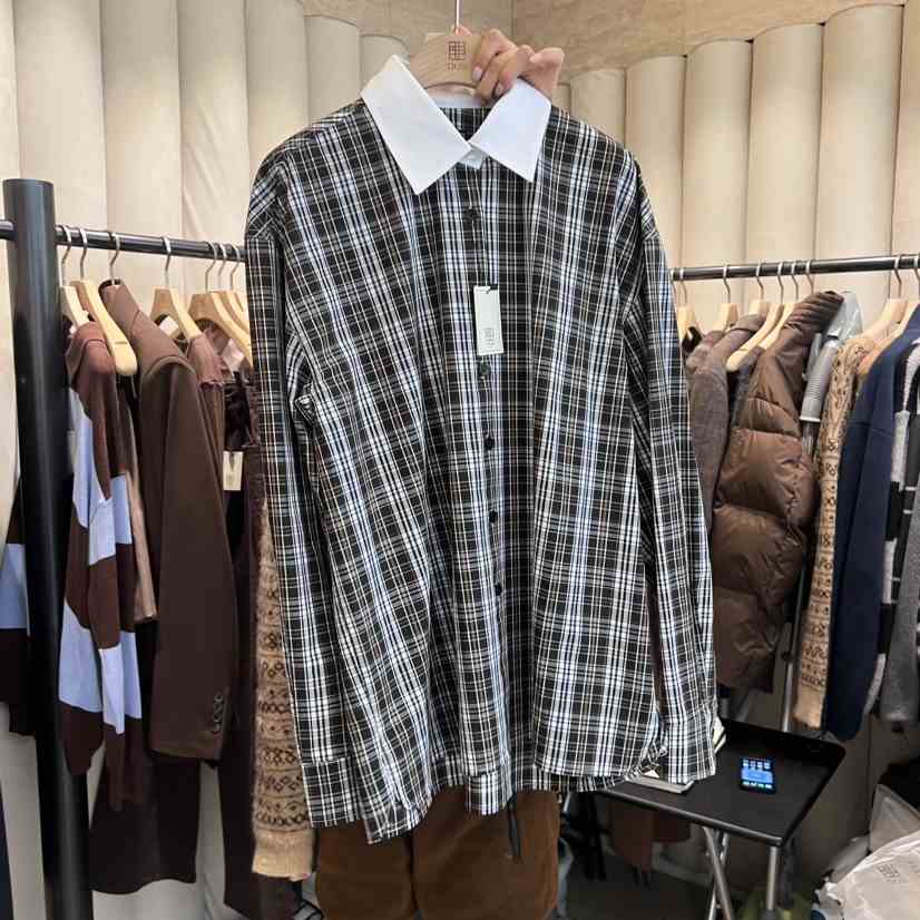 OUS/INCH-L韓國直郵東大門代購女裝新品職業襯衫蕾絲衫春款格子OUS/INCH襯衫/蕾絲衫
