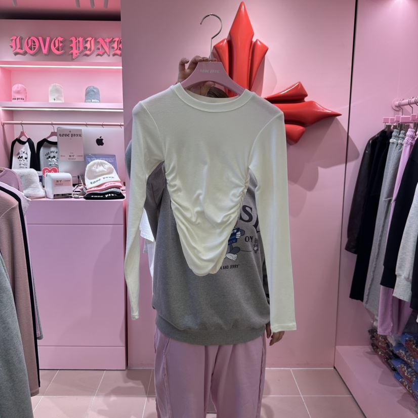 LOVE PINK韓國直郵女裝新款熱賣休閑真品時尚長袖T恤奶油色LOVE PINK長袖T恤