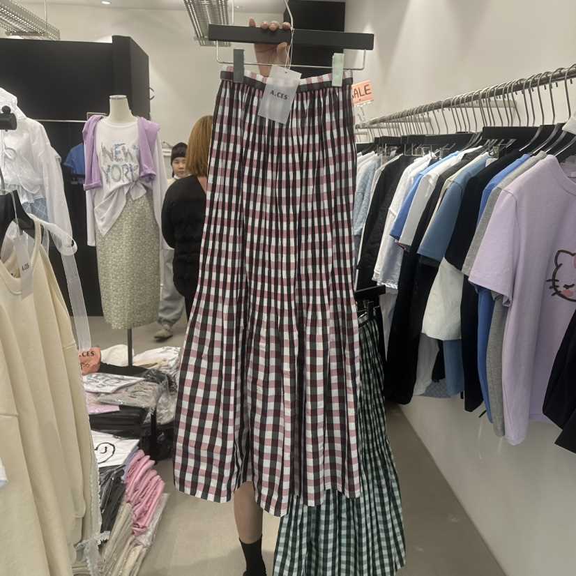 A.CES韓國直郵㊣東大門實拍女裝新品休閑時尚長裙格紋褶皺A.CES長裙