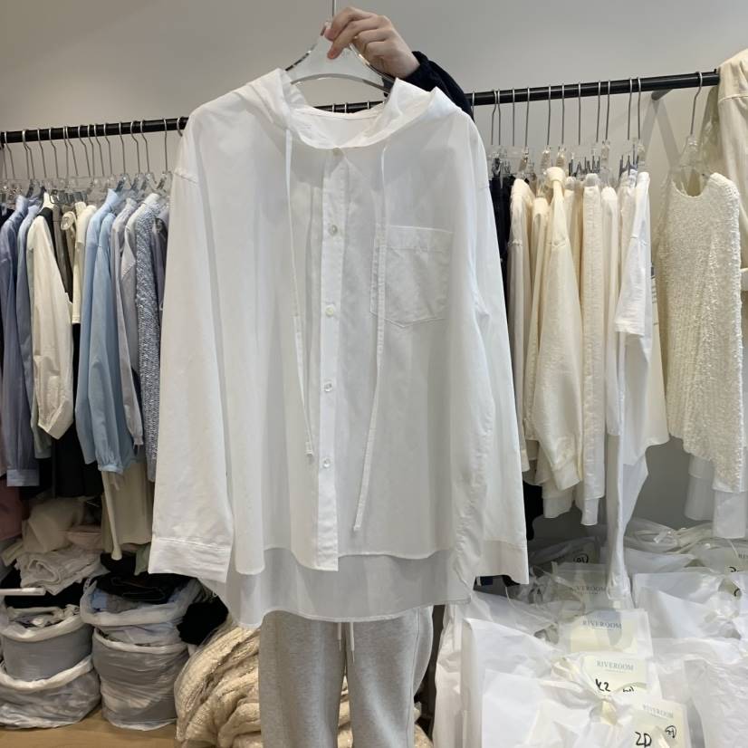 RIVEROOM直郵韓國代購㊣女裝新品熱賣休閑時尚襯衫蕾絲衫兜帽RIVEROOM襯衫/蕾絲衫