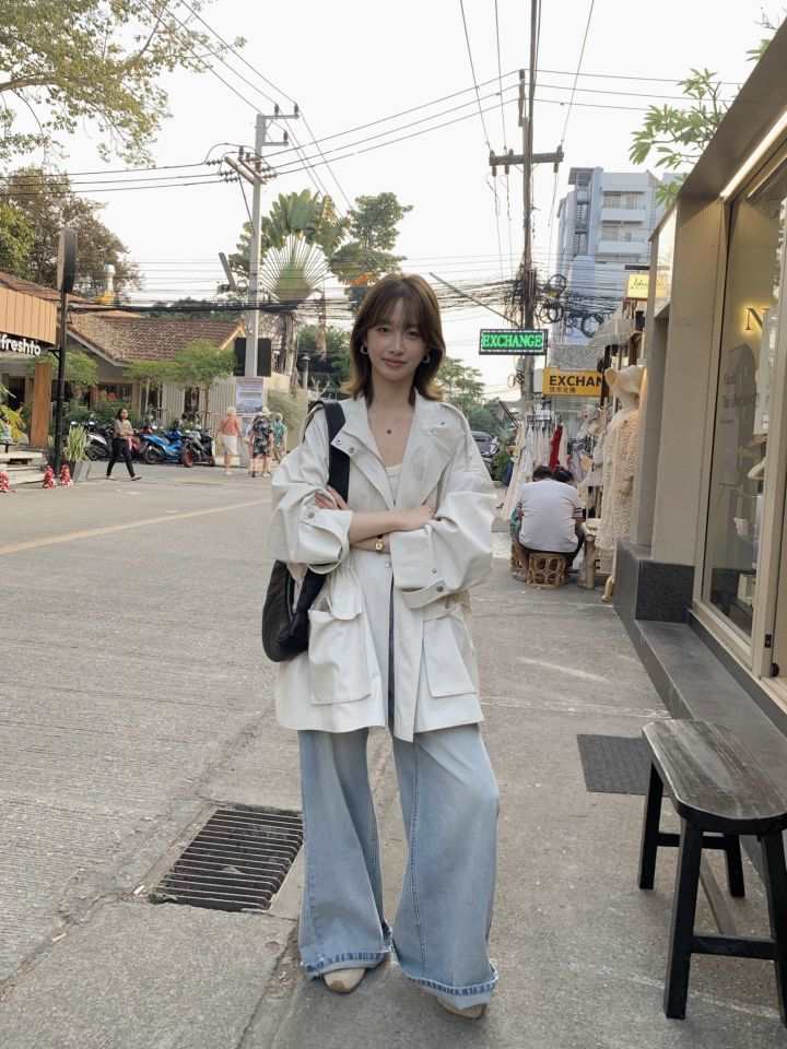 HER韓國代購女裝新款推薦休閑25春夏人氣職業真品熱賣長款風衣HER長款風衣