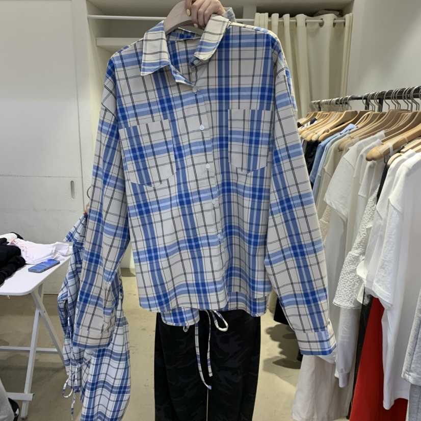 IR BIEN韓國直郵女裝新品休閑25春夏襯衫蕾絲衫含腰繩格紋ir bien-A襯衫/蕾絲衫