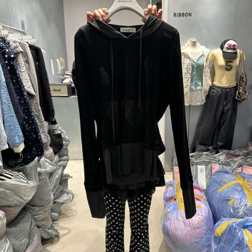 RIBBON韓國㊣直郵東大門代購女裝新品推薦時尚長袖T恤連帽衫RIBBON長袖T恤
