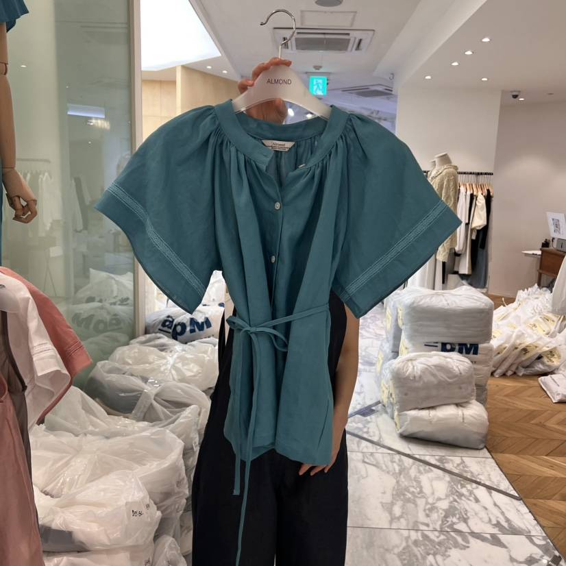 ALMOND東大門實拍女士新品休閑職業襯衫蕾絲衫含腰繩蕾絲亞麻ALMOND襯衫/蕾絲衫