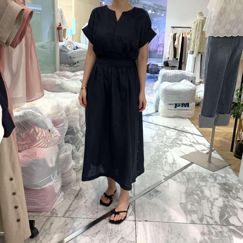 ALMOND直郵韓國代購㊣女裝新品人氣推薦25春夏連衣裙亞麻紐扣ALMOND連衣裙