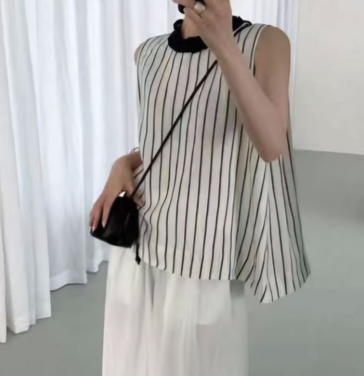 FEMME東大門實拍女士新品休閑真品人氣職業吊帶背心荷葉邊條紋FEMME吊帶/背心