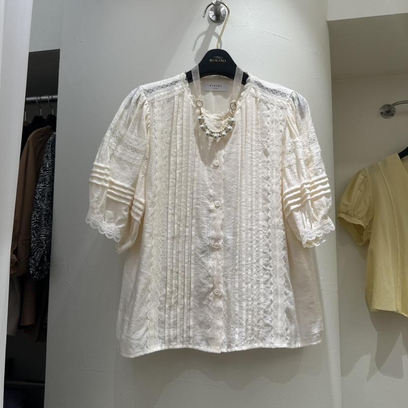 BIKINI韓國代購女士新款熱賣休閑時尚真品25春夏襯衫蕾絲衫褶皺BIKINI襯衫/蕾絲衫