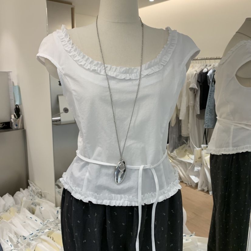 MEET ME直郵韓國代購㊣女裝新品熱賣25春夏襯衫蕾絲衫荷葉邊MEET ME襯衫/蕾絲衫