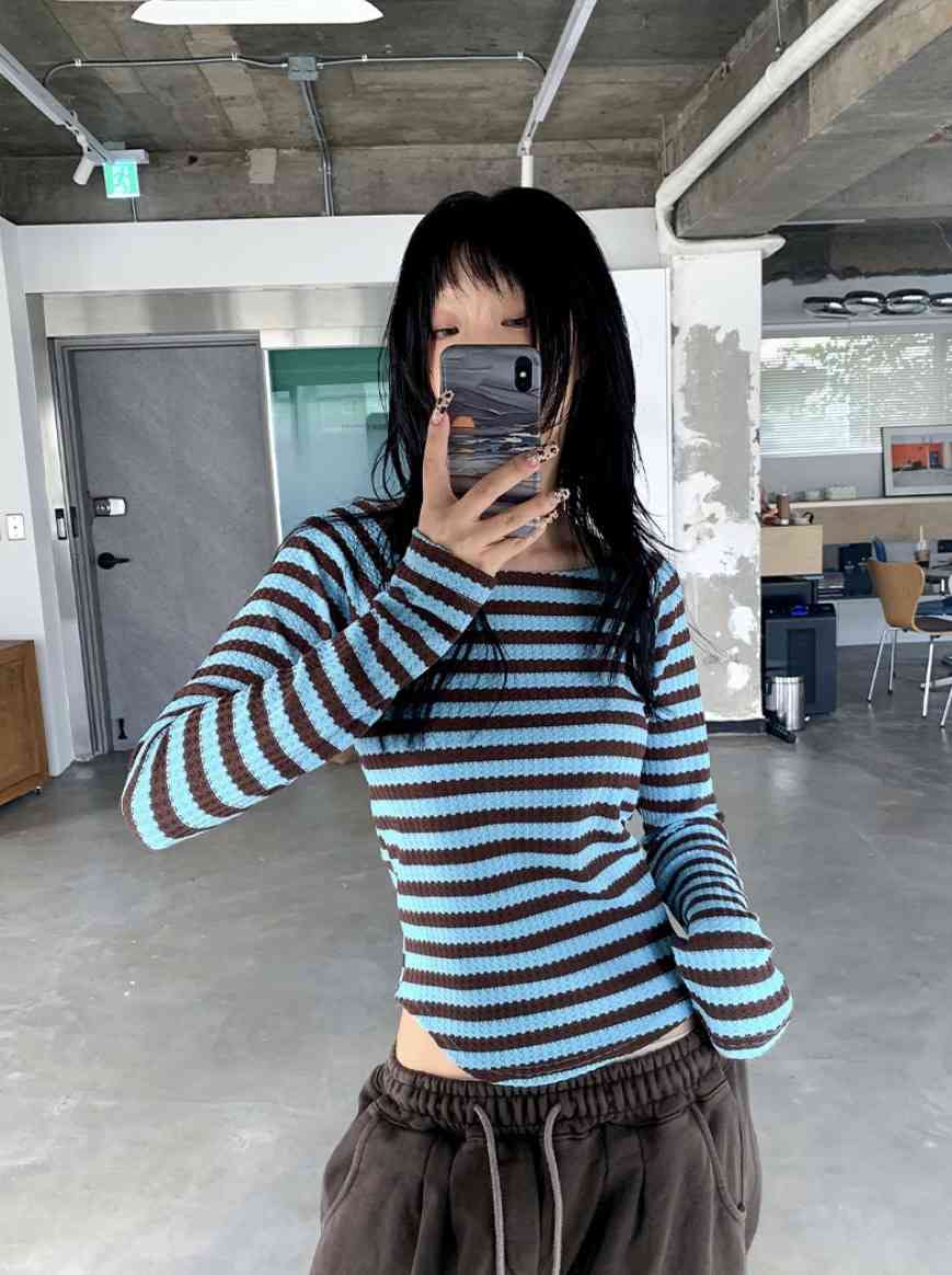 I I韓國直郵㊣女裝新品時尚推薦人氣熱賣25春夏長袖T恤條紋ITSSONG長袖T恤