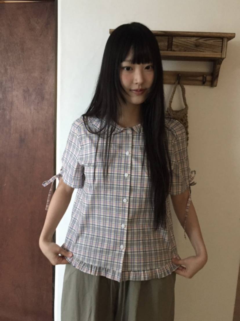 I I直郵韓國代購㊣女裝新款人氣熱賣時尚25春夏襯衫蕾絲衫格紋ITSSONG襯衫/蕾絲衫