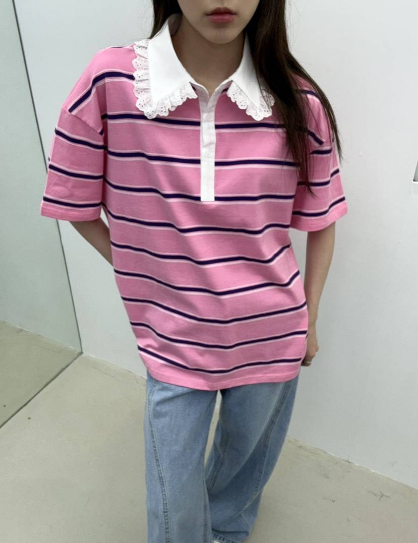 JMIND直郵韓國代購㊣女裝新品熱賣人氣休閑推薦T恤蕾絲條紋JMINDT恤