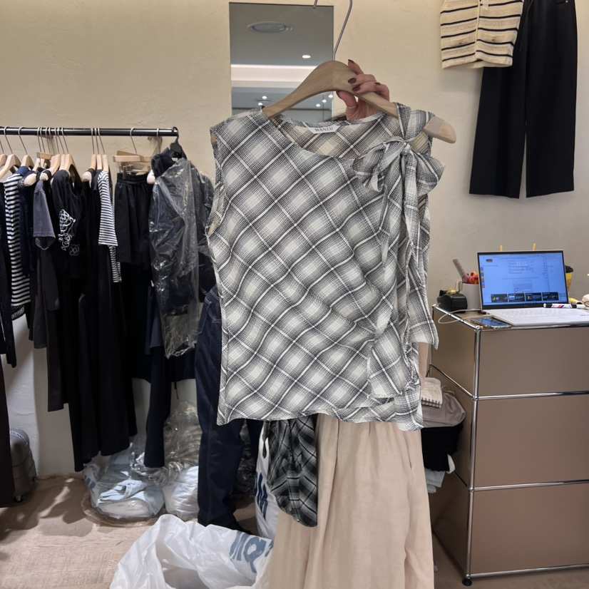 W AND J直郵韓國代購㊣女裝新品推薦熱賣吊帶背心蝴蝶結格紋W AND J吊帶/背心