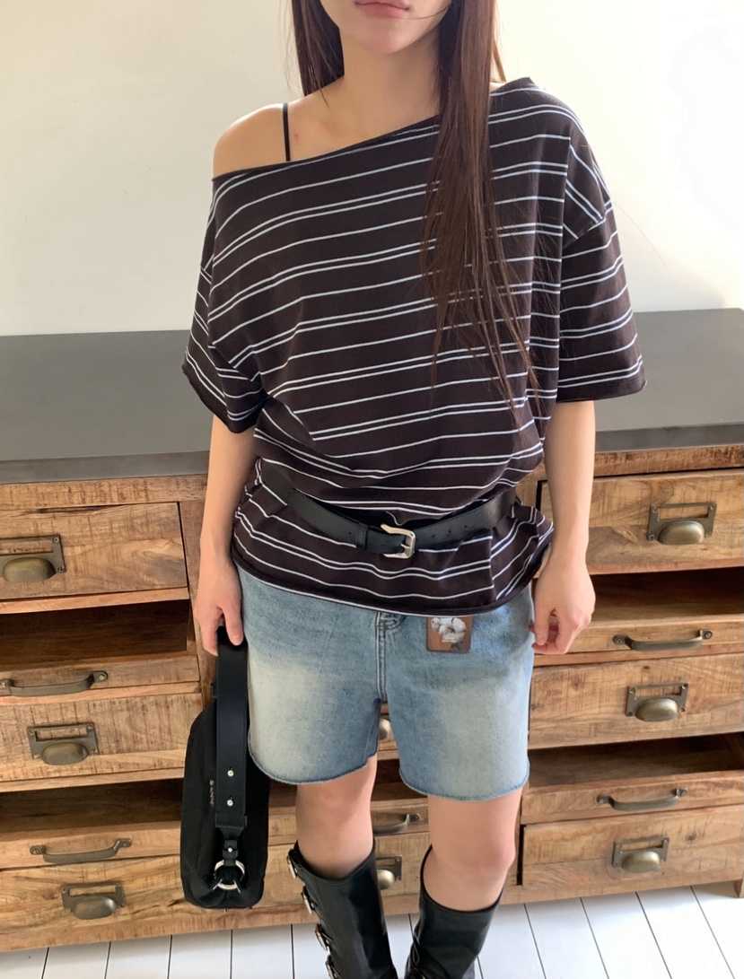 CEDARWOOD直郵韓國代購㊣女裝新品熱賣25春夏T恤不含腰帶露肩CEDARWOODT恤