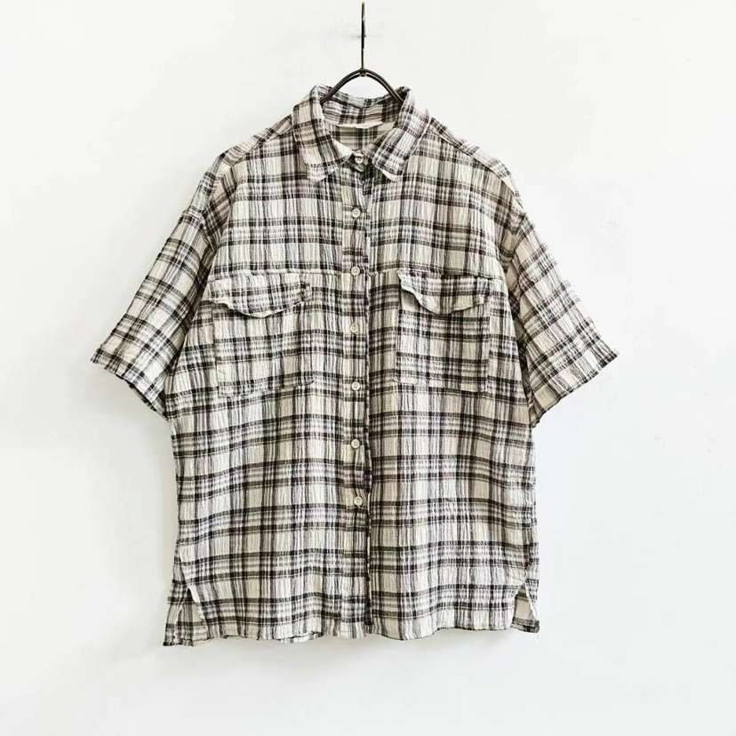 PUCO韓國㊣直郵東大門代購女裝新品25春夏襯衫蕾絲衫口袋格紋PUCO襯衫/蕾絲衫