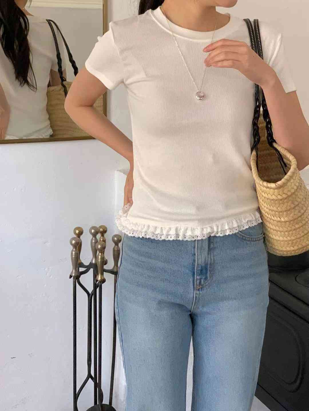 BABY SALON韓國直郵㊣東大門實拍女裝新款休閑T恤短款蕾絲BABY SALONT恤