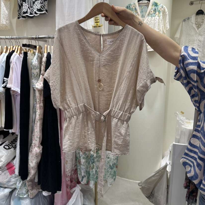 BIKINI直郵韓國代購㊣女裝新品熱賣推薦襯衫蕾絲衫腰帶亞麻BIKINI襯衫/蕾絲衫