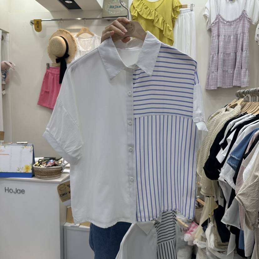 HOJAE韓國直郵㊣東大門實拍女裝新品人氣休閑襯衫蕾絲衫條紋MID-LEVEL JUMP襯衫/蕾絲衫