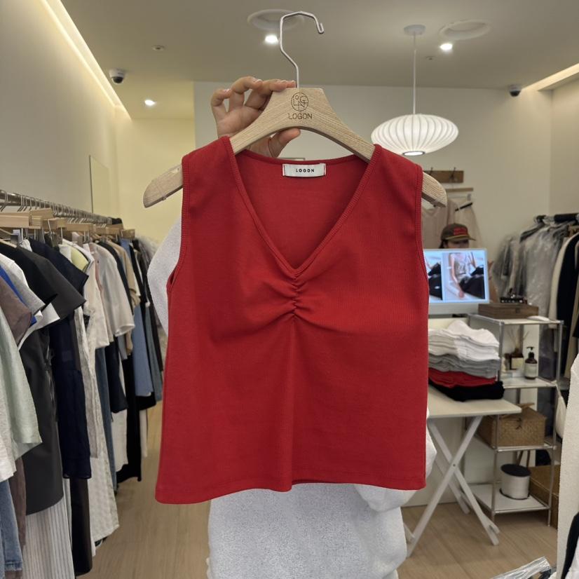 LOGON直郵韓國代購㊣女裝新款熱賣時尚25春夏休閑吊帶背心褶皺LOGON吊帶/背心