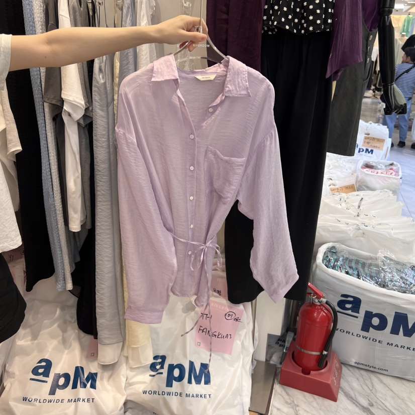 RIVEROOM直郵韓國代購㊣女裝新品休閑熱賣襯衫蕾絲衫含腰繩RIVEROOM襯衫/蕾絲衫