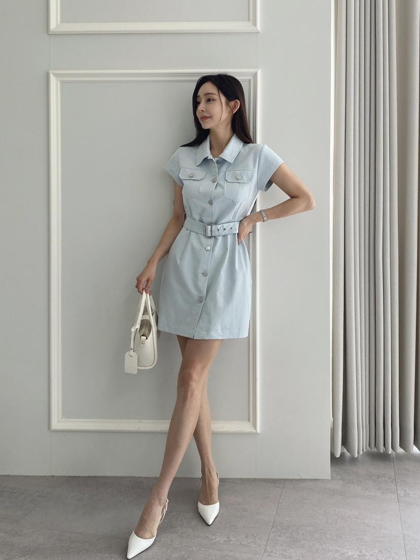 CLOTH韓國㊣直郵東大門代購女裝新品休閑人氣時尚連衣裙含腰帶CLOTH連衣裙