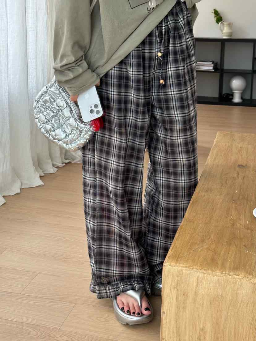 ZEROZERO韓國㊣直郵東大門代購女裝新品推薦休閑褲荷葉邊格紋ZEROZERO休閑褲