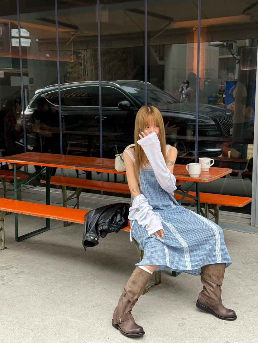 ZEROZERO韓國㊣直郵東大門代購女裝新品休閑連衣裙格紋長款ZEROZERO連衣裙